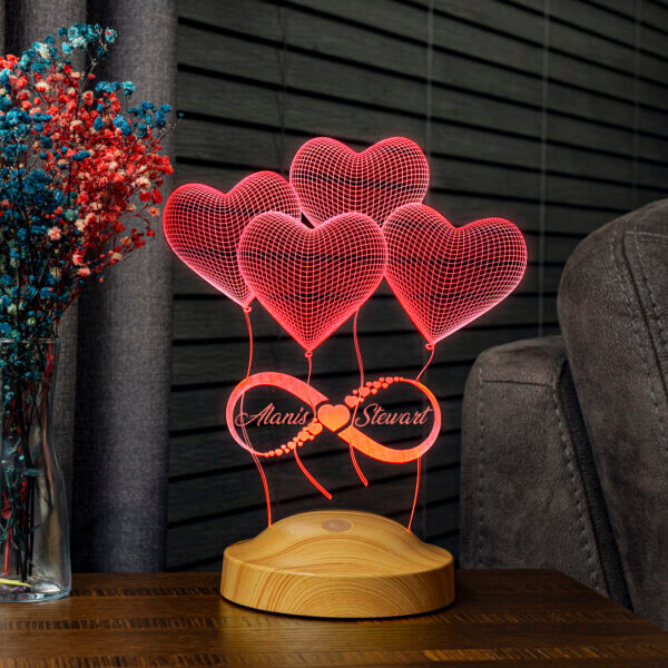 Cadou Personalizat Lampă 3D în formă de Inimi Zburătoare Infinite cu Numele fiecăruia