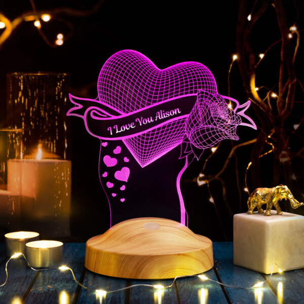 Cadou Personalizat Lampă 3D în formă de Inima cu trandafiri pentru îndrăgostiți
