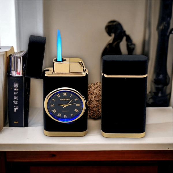 Brichetă cu gaz rezistență la vânt cu ceas din metal - Lux Lighter - Negru cu Crem