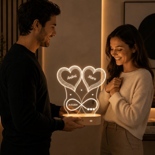 Lampă Personalizată 3D cu 2 Inimi Dragoste Infinită cu Nume și Dată Personalizată