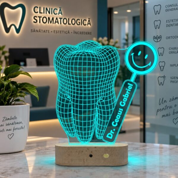 Lampă Personalizată 3D în formă de Dinte pentru Dentiști cu Nume și Titlu