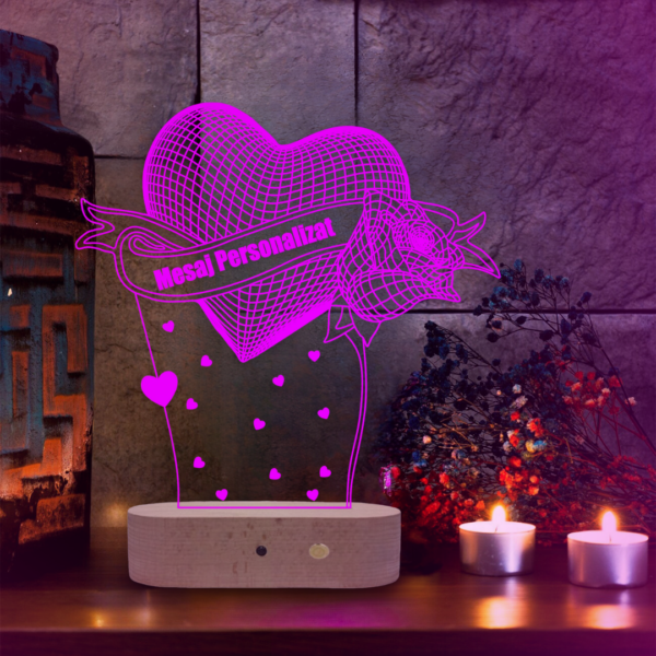 Lampă Personalizată 3D în formă de Inima și Trandafir cu Mesaj Personalizat