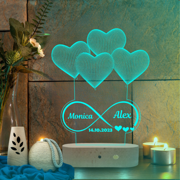 Lampă Personalizată 3D cu 4 Inimi în formă de Balon cu semnul infinitului cu Nume și Dată Personalizată