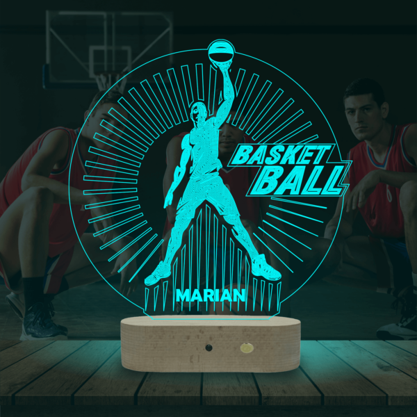 Lampă Personalizată 3D în formă de Minge de Basketball cu Baschetbalist Cunoscut cu Nume Personalizat
