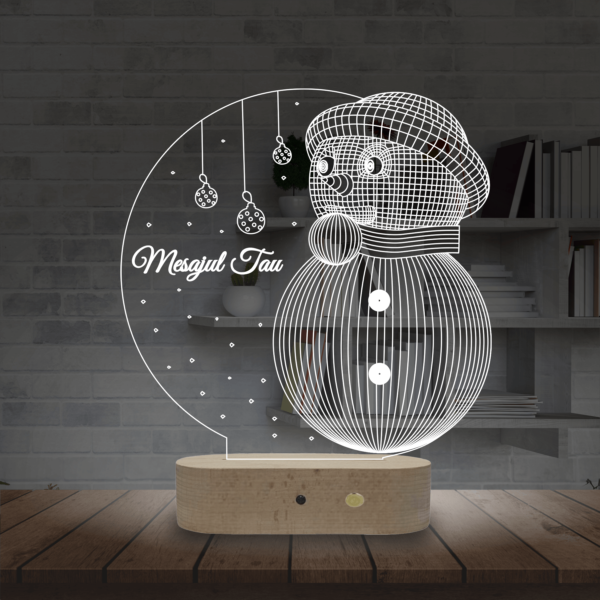 Lampă Personalizată 3D cu tematică de Iarnă in formă de Om de Zăpadă cu Text Personalizat