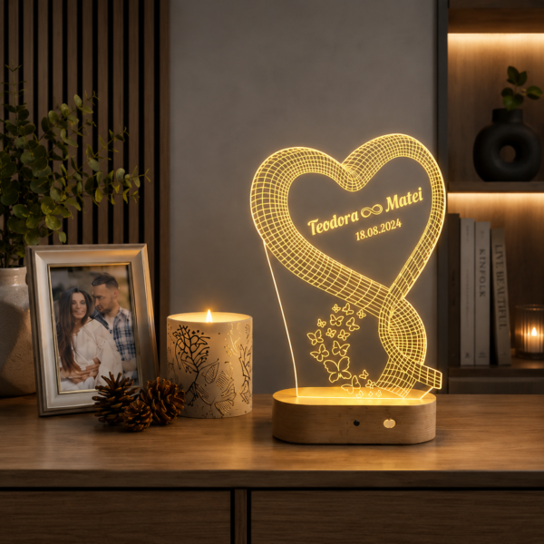 Lampă Personalizată 3D în formă de Inima cu fluturi cu Nume și Dată Personalizată