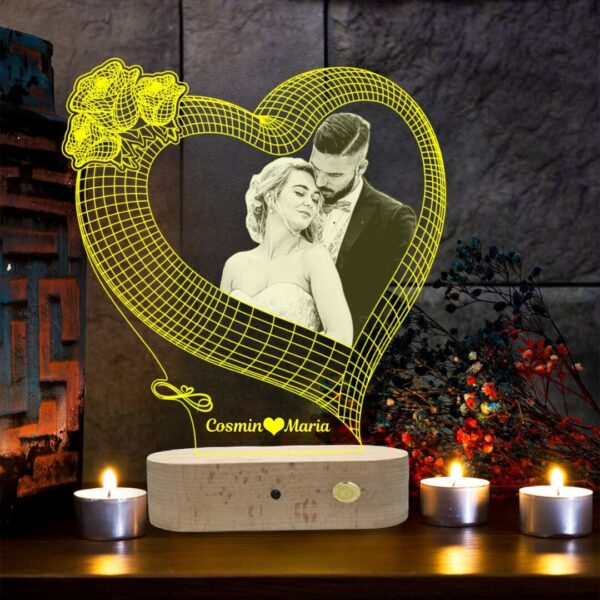 Lampă Personalizată 3D în formă de Inima înclinată 3D cu Nume + Dată + Imagine Personalizată
