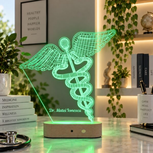 Lampă Personalizată 3D în formă de Cadouceu Semnul Sănătății și al Medicinii cu Nume și Titlu