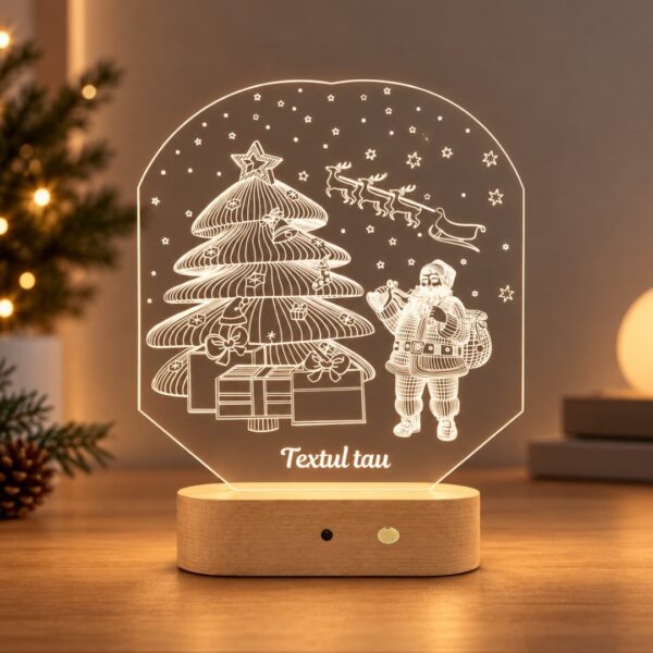 Lampă Personalizată 3D cu tematică de Crăciun cu Brad și Moș Crăciun