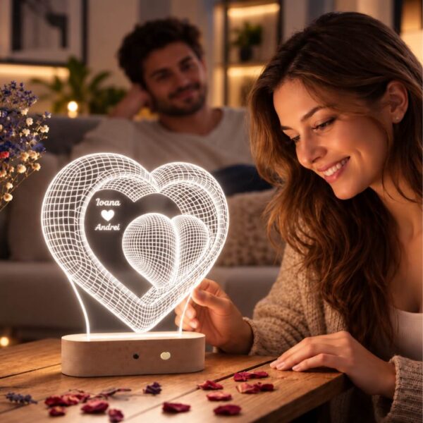 Lampă Personalizată 3D în formă de Inima Mare cu I love You cu Nume Personalizat