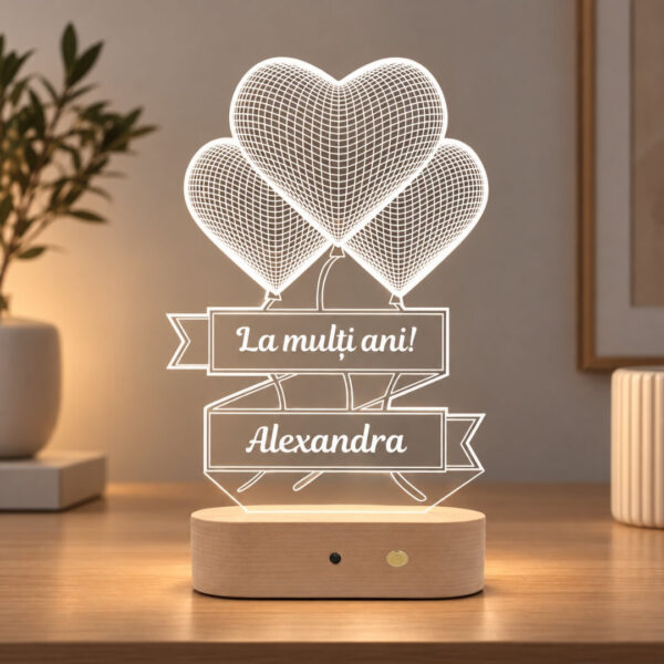 Lampă Personalizată 3D în formă de 3 Inimi pentru Ziua de Naștere
