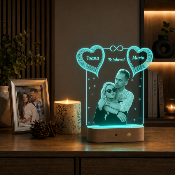 Lampă Personalizată 3D în formă de 2 Inimi cu Poză Personalizată pentru Îndrăgostiți cu Dragoste Infinită