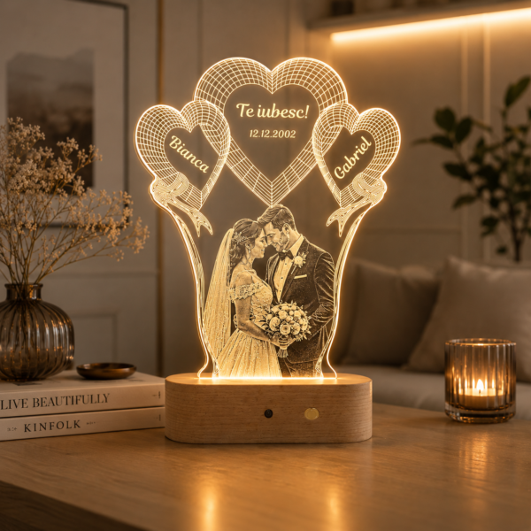 Lampă Personalizată 3D în formă de 3 Inimi cu Fotografie în mijloc înalt cu Nume + Dată + Mesaj Personalizat