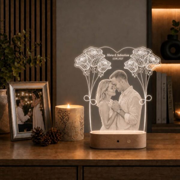 Lampă Personalizată 3D cu Poză Personalizată pentru Îndrăgostiți cu conturul în Trandafiri