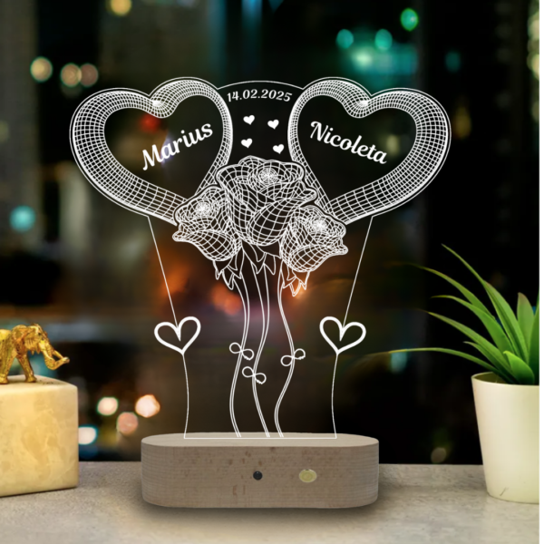 Lampă Personalizată 3D în formă de 2 Inimi pentru Dragoste Infinită cu Trandafiri