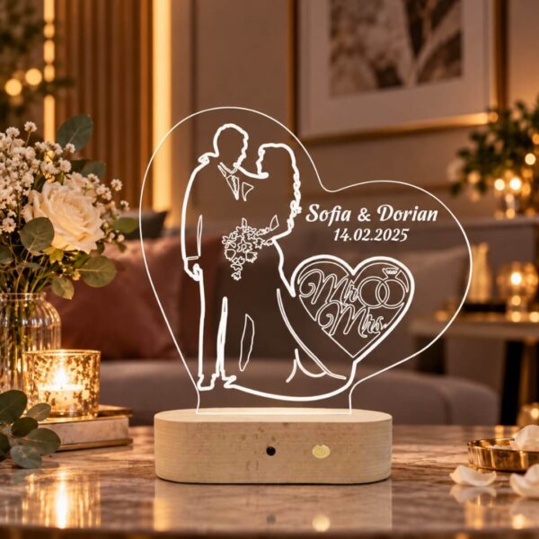 Lampă Personalizată 3D în formă de Inima cu Siluetele noului Cuplu Căsătorit