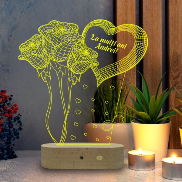 Lampă Personalizată 3D în formă de 3 Trandafiri cu Mesaj Personalizat