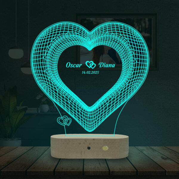 Lampă Personalizată 3D în formă de Inima Mare 3D în Centru cu Nume și Dată Personalizată