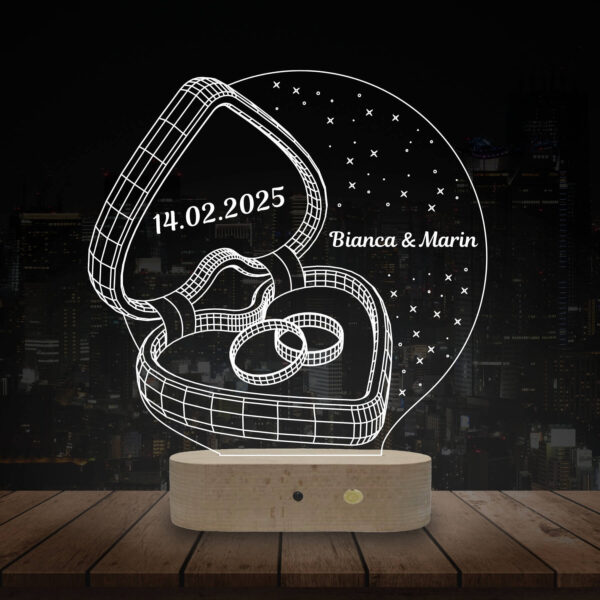 Lampă Personalizată 3D în formă de Inima cu 2 Inele pentru cei care cer în căsătorie