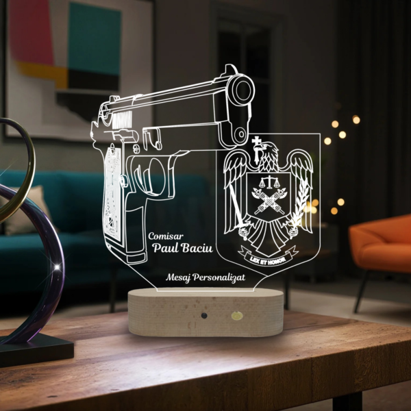 Lampă Personalizată 3D în formă de Pistol și Simbolul Poliției Române pentru Polițiști