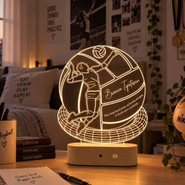 Lampă 3D Personalizată în formă de minge de Volley și Jucătoare pentru iubitorii de Volleyball