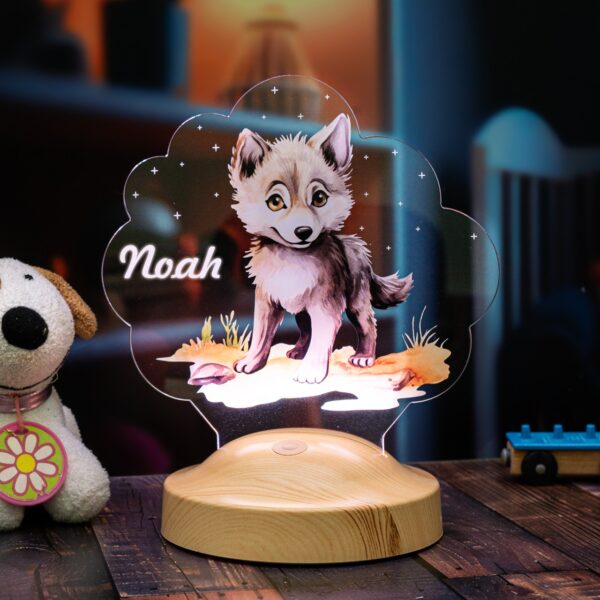 Cadou Personalizat Lampă 3D în formă de Lup Cartoonic cu Nume Personalizat