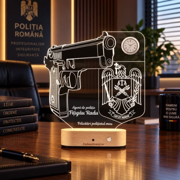Ceas Personalizat 3D Personalizată în formă de Pistol și Simbolul Poliției Române pentru Polițiști