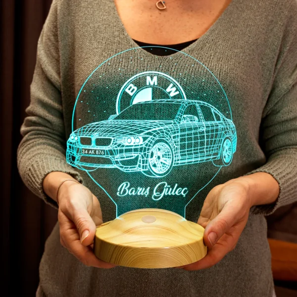 Cadou Personalizat Lampă 3D cu Mașină BMW cu Număr de Înmatriculare + Nume Personalizat