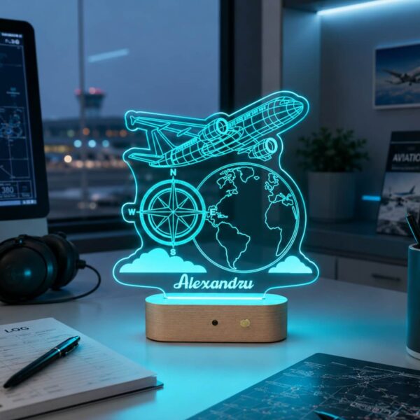 Lampă 3D personalizată în formă de Avion cu Busola pentru Aviatori și Geografi