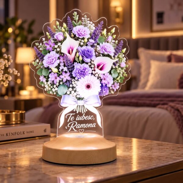Cadou Personalizat Lampă 3D în formă de Buchet de Crini Mov și Lavandă cu Nume și Mesaj Personalizat
