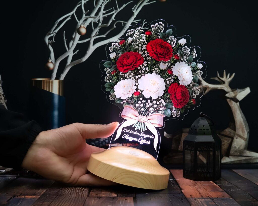 Lampă 3D personalizată buchet de garoafe roșii și albe cu nume și mesaj – vedere de ansamblu