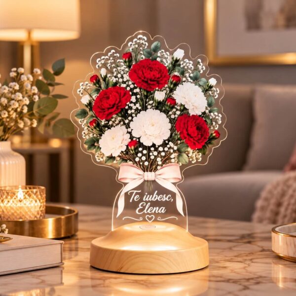 Cadou Personalizat Lampă 3D în formă de Buchet de Garoafe Roșii și Albe cu Nume și Mesaj Personalizat