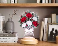 Lampă 3D buchet de garoafe roșii și albe pe raft, cadou personalizat
