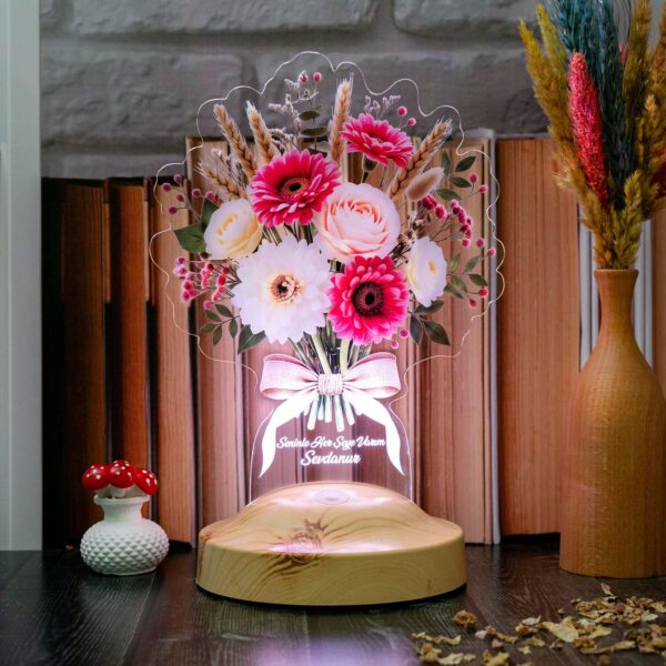 Lampă 3D personalizată buchet de Gerbera Roz și Albe – vedere de ansamblu