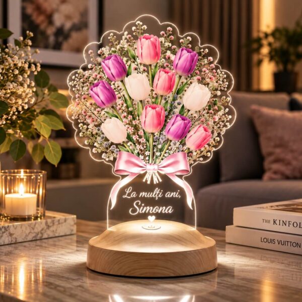 Cadou Personalizat Lampă 3D în formă de Buchet de Lalele Colorate cu Nume și Mesaj Personalizat