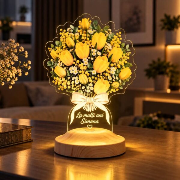 Cadou Personalizat Lampă 3D în formă de Buchet de Lalele Galbene cu Nume și Mesaj Personalizat