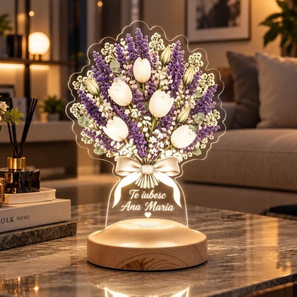 Cadou Personalizat Lampă 3D în formă de Buchet de Lavandă și Lalele Albe cu Nume și Mesaj Personalizat