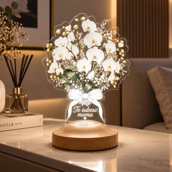 Cadou Personalizat Lampă 3D în formă de Buchet de Orhidee Albe cu Nume și Mesaj Personalizat