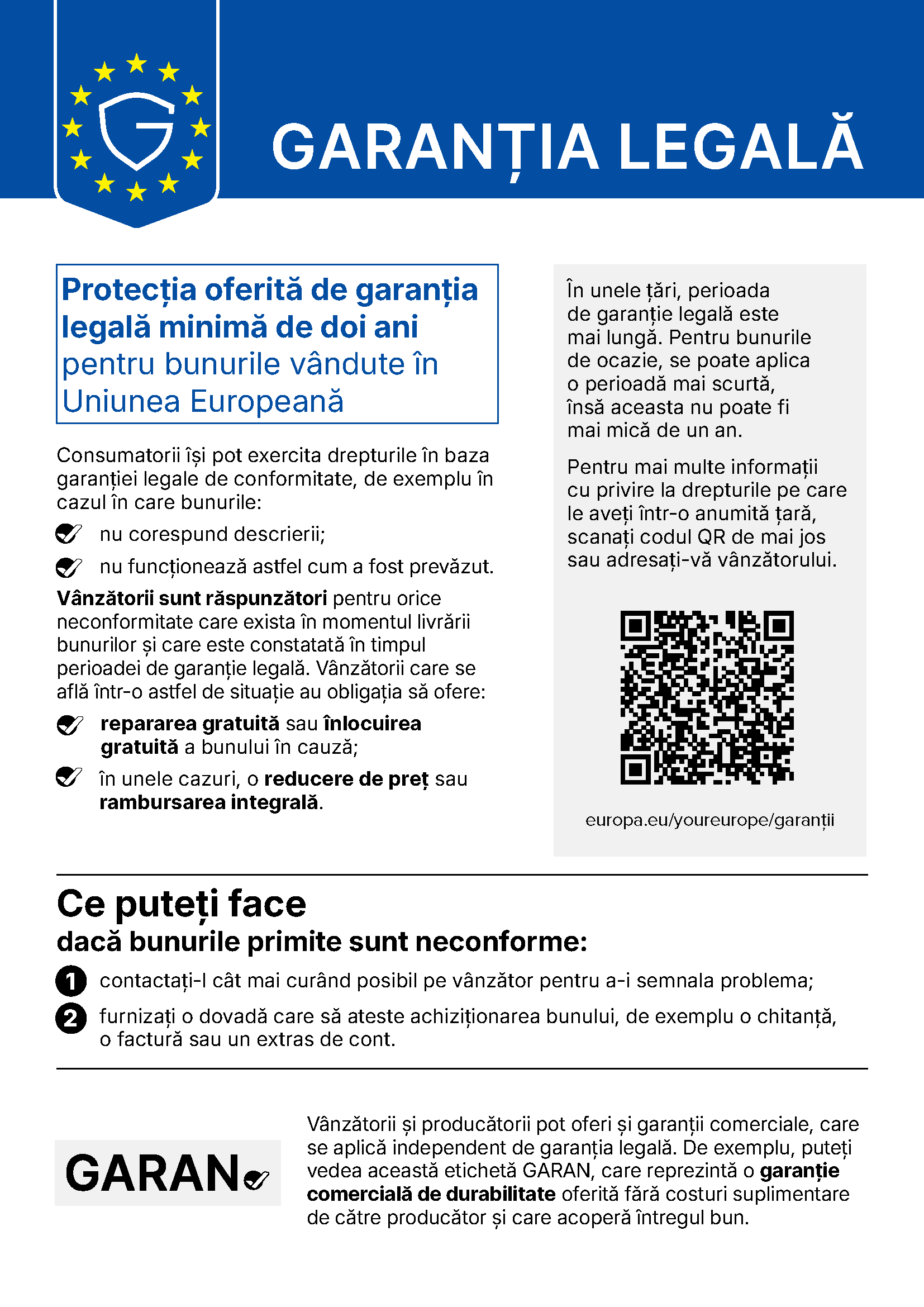 Notificarea oficială a Uniunii Europene privind garanția legală de conformitate: protecție de minimum doi ani, remedierea gratuită a produselor neconforme și drepturi independente de garanțiile comerciale.